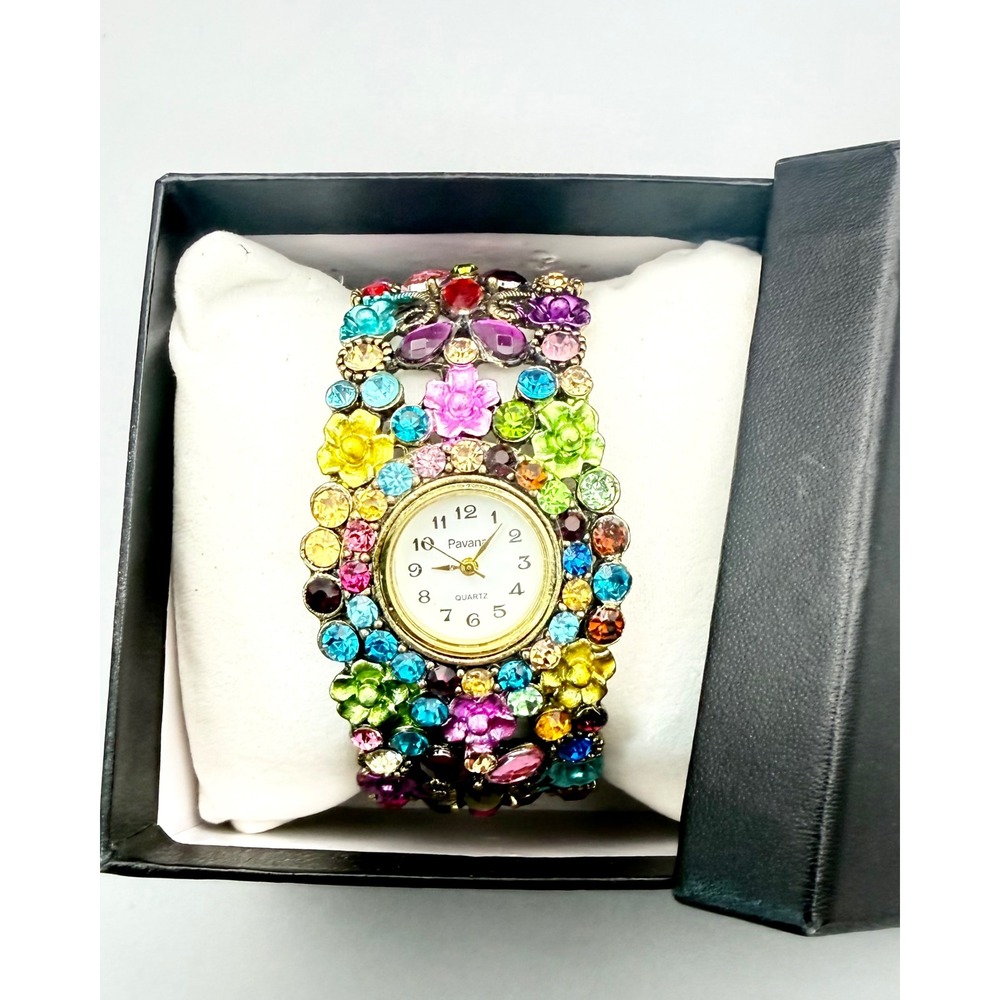 Pavana NIB Multicolor Crystal Floral Statement Bracelet Quartz Watch